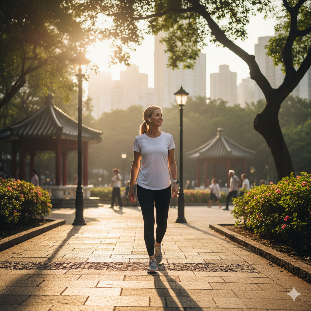 아침 햇살을 받으며 공원을 산책하는 사람의 모습 (이미지 생성:google)