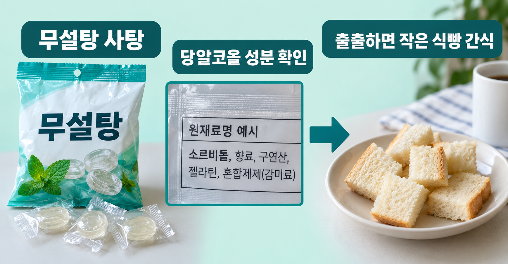 무설탕 사탕 실사 인포그래픽. 먼저 확인: 무설탕이라는 앞면; 원재료명 예시: 소르비톨 등 당알코올; 간식 교체: 출출하면 작은 식빵