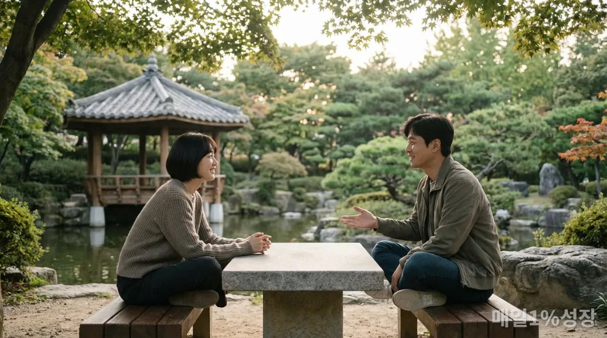 한국 공원에서 내향인과 외향인이 서로를 존중하며 대화하는 모습