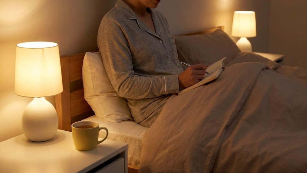 스마트폰 대신 따뜻한 차와 일기장이 있는 평화로운 침실 분위기