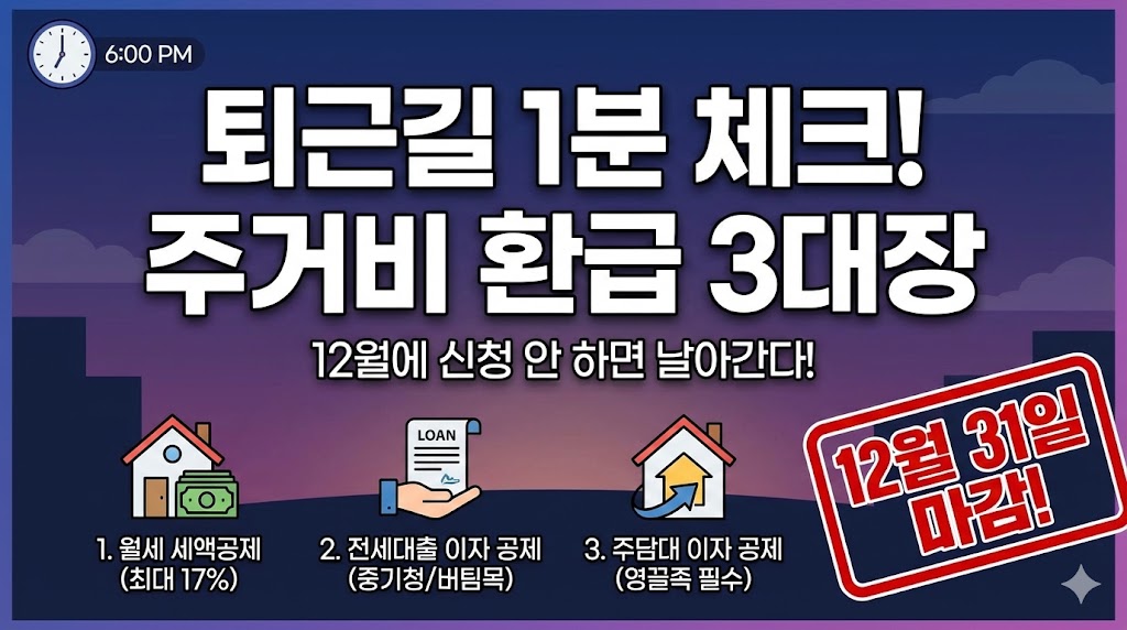 전월세 보증금도 공제된다고?" 퇴근길 1분 체크! 12월에 신청 안 하면 날아가는 '주거비 환급' 3대장 (중기청/월세/이자)