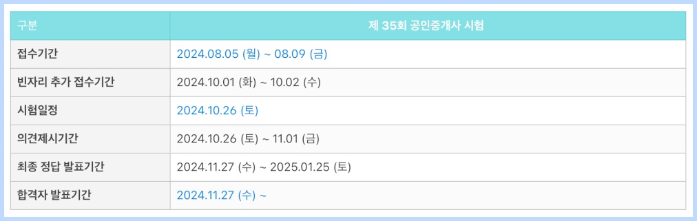 제 35회 공인중개사 시험일정