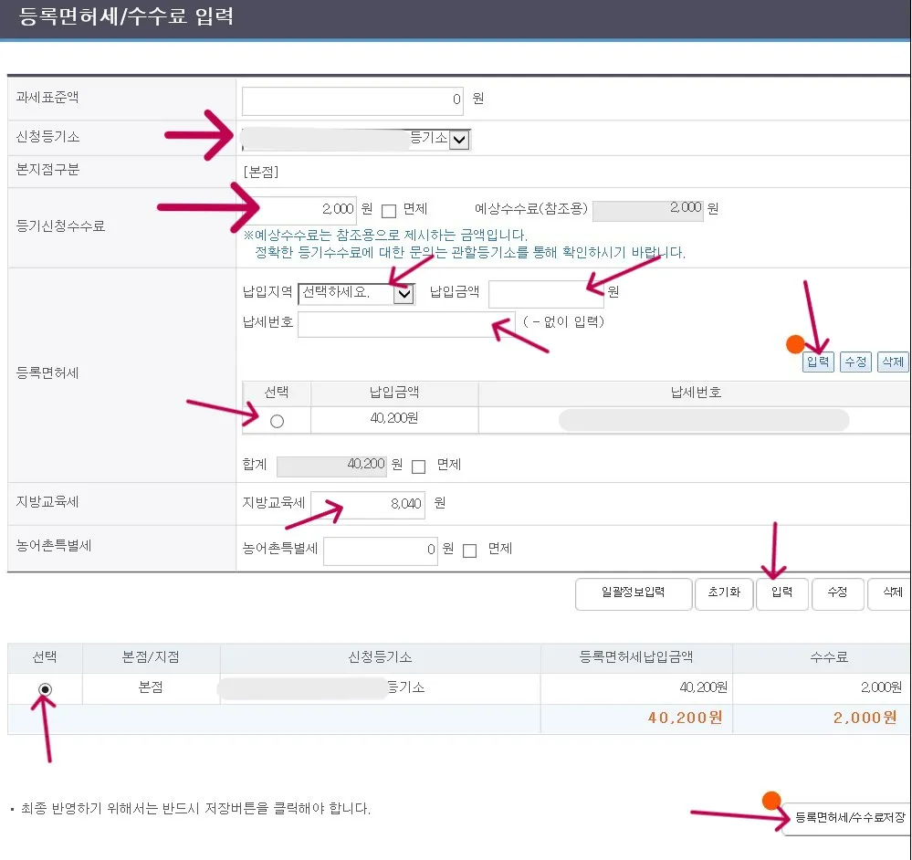 등록면허세를 납부하고 나서 납세번호를 기입합니다.