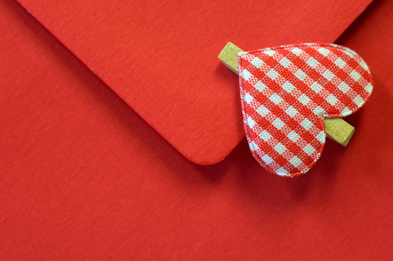 a red letter bag with a checkered heart pin in it