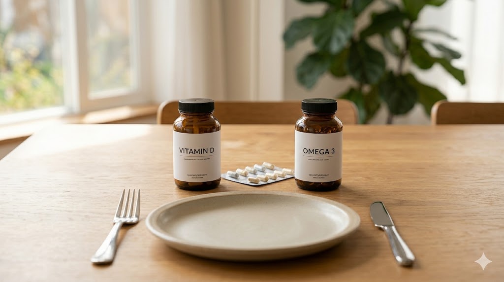 "정갈한 식탁 한쪽에 놓인 비타민과 영양제 병들. 식사 후에 바로 챙겨 먹기 편하도록 세팅된 일상적인 모습의 고화질 사진."