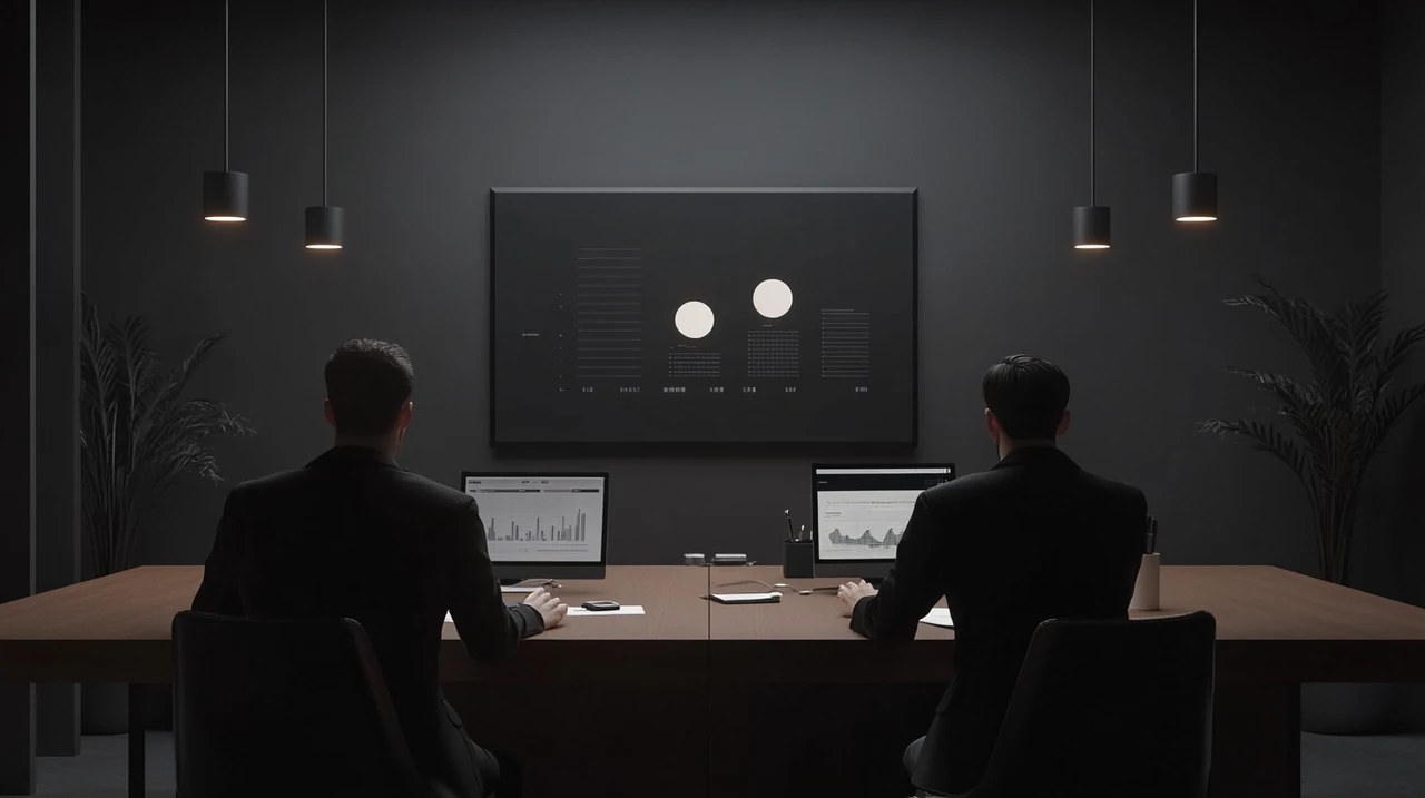 ETF에 대한 중국 정부 정책의 영향을 논의하는 투자자들, 고급 회의실 분위기와 집중된 표정, 정책 분석과 금융 문서 고려