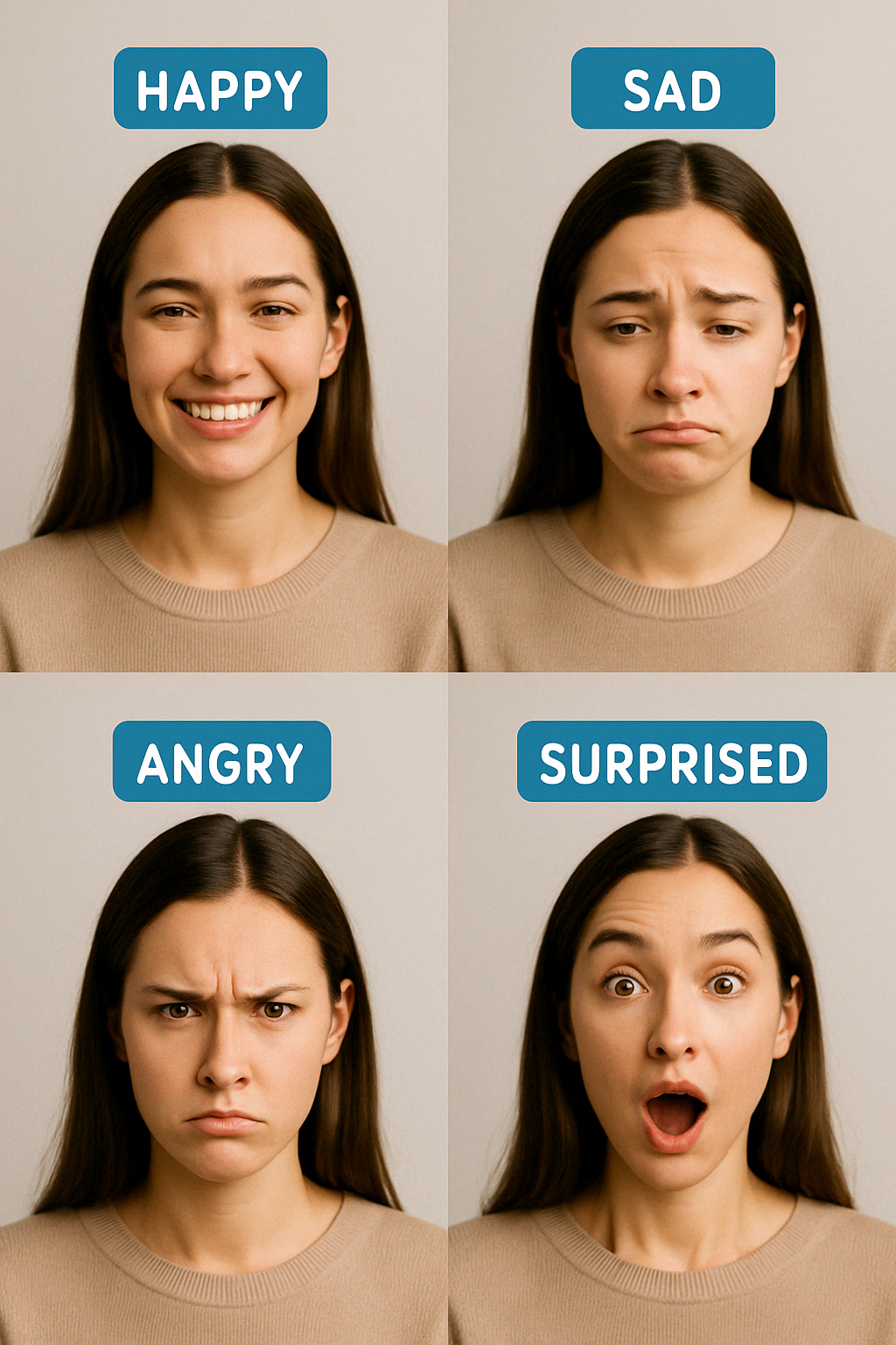 다양한 얼굴 표정을 담은 구성으로&amp;#44; 여러 감정을 한눈에 비교하며 영어 감정 표현을 학습할 수 있도록 도와줍니다.