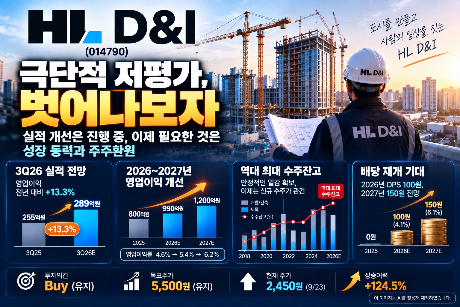 HL D&amp;I 실적 개선과 역대 최대 수주잔고, 배당 재개 및 주주환원 전망을 정리한 기업분석