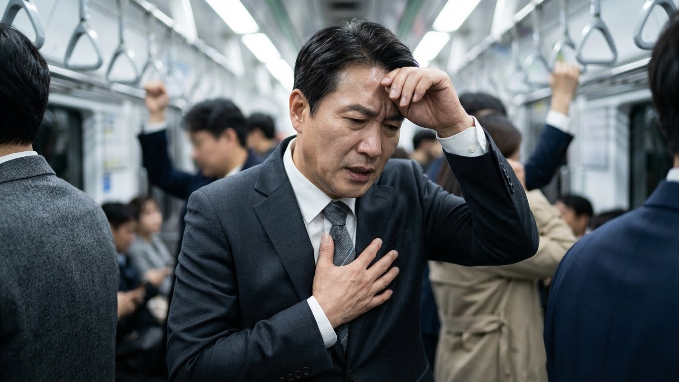 사람이 많은 출근길 지하철 안에서 남성이 가슴을 부여잡고 식은땀을 흘리며 괴로워하는 모습