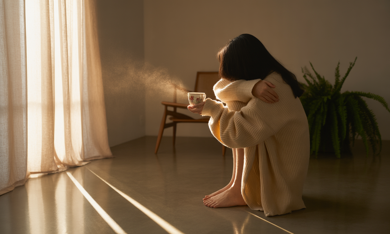 자신을 돌보고 사랑하는 것이 타인을 위로하는 첫걸음임을 나타내는 평온한 셀프케어 이미지