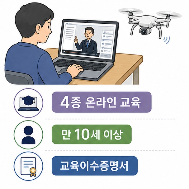 250g 초과 2kg 이하 4종 드론 조종자가 온라인 교육을 받고 교육이수증명서를 발급받는 모습을 보여주는 그림