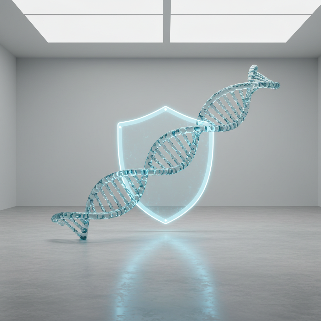 미래 의학 기술을 상징하는 빛나는 방패와 DNA 이중나선 그래픽