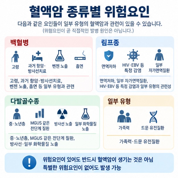 나이 과거 항암치료 방사선 벤젠 흡연 면역저하 일부 감염 등 혈액암 위험요인을 정리한 이미지