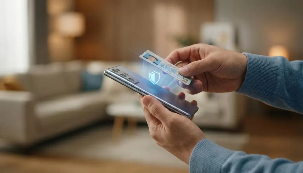 사용자가 스마트폰 뒷면 카메라 근처에 IC 운전면허증을 태그하며 NFC 기능을 활성화하는 모습