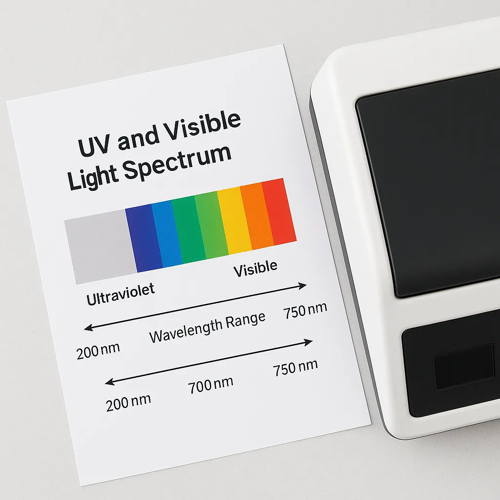 UV와 가시광선 파장 범위를 보여주는 도표와 UV 스펙트로미터