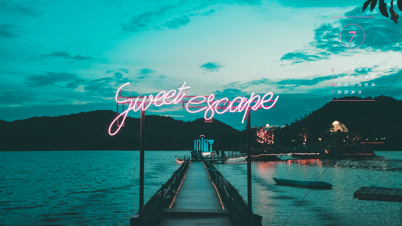 11 호숫가 네온사인 A - 2025년7월 노트북배경화면