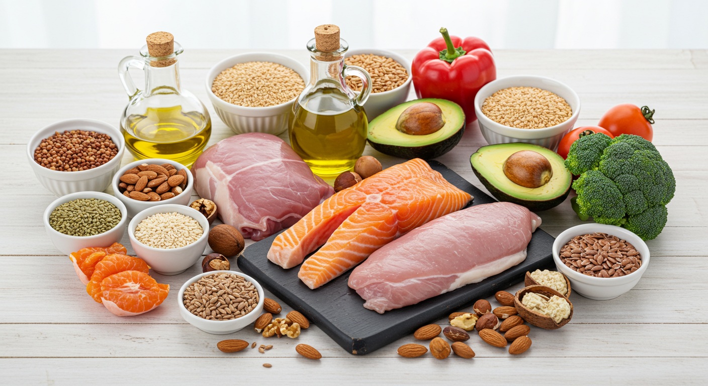 건강한 대체 식품들이 아름답게 진열된 테이블