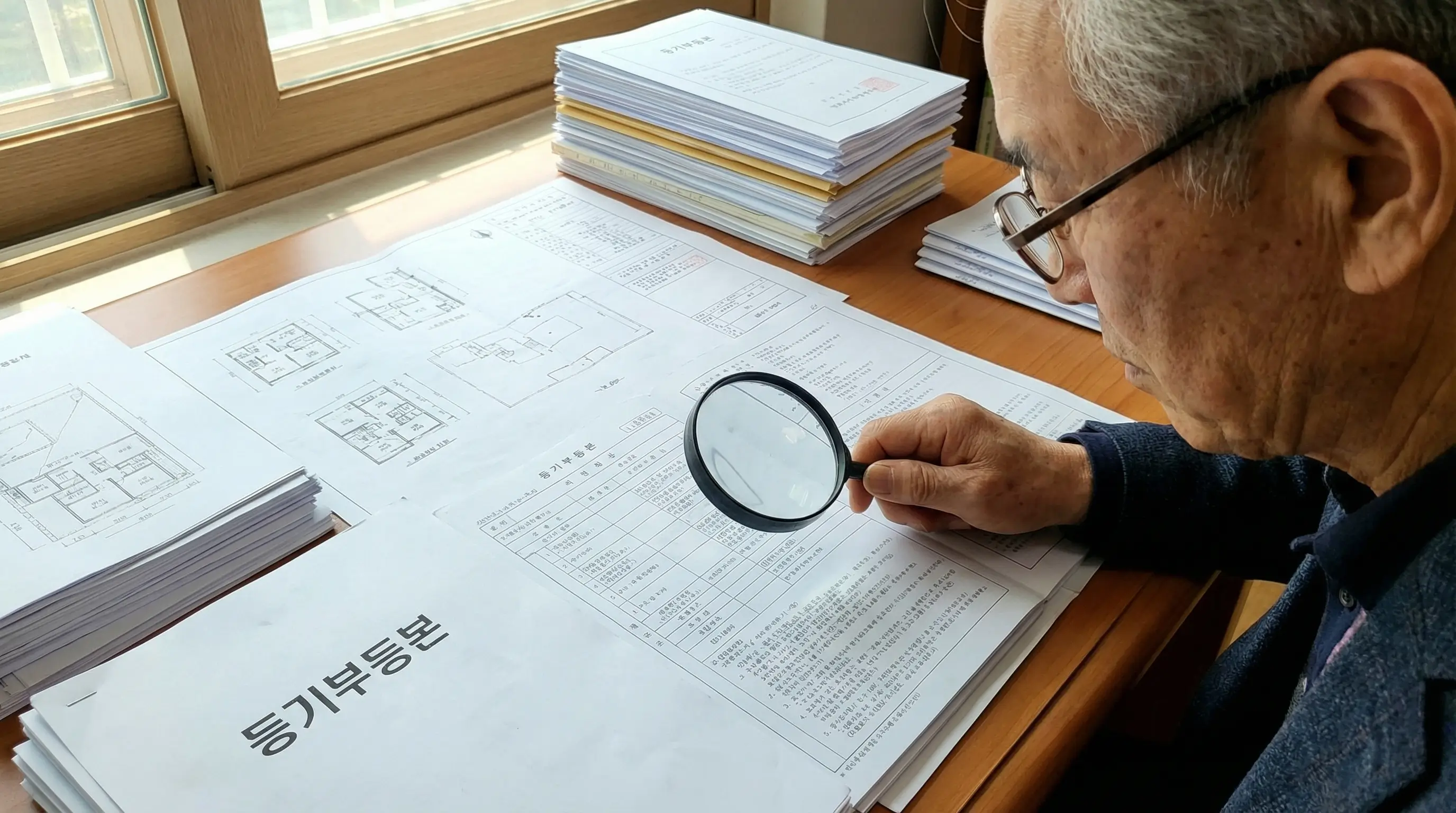돋보기로 복잡한 부동산 서류를 꼼꼼히 확인하는 모습