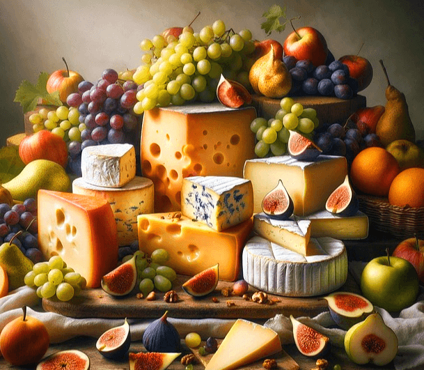 커다란 치즈덩이들과 청포도, 검정포도송이들, 사과들, 잘린 무화과들, 오렌지들, 배가 한가득 쌓여있다.