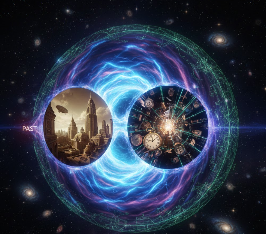 시공간의 통로인 웜홀을 통해 과거의 도시와 미지의 우주 공간이 연결되는 시간여행의 개념을 시각화한 예술적 일러스트