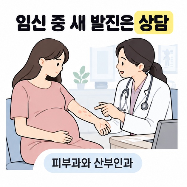 임신 중 팔에 새 발진이 생긴 사람이 피부과와 산부인과 상담 필요성을 확인하며 의료진에게 보여주는 장면