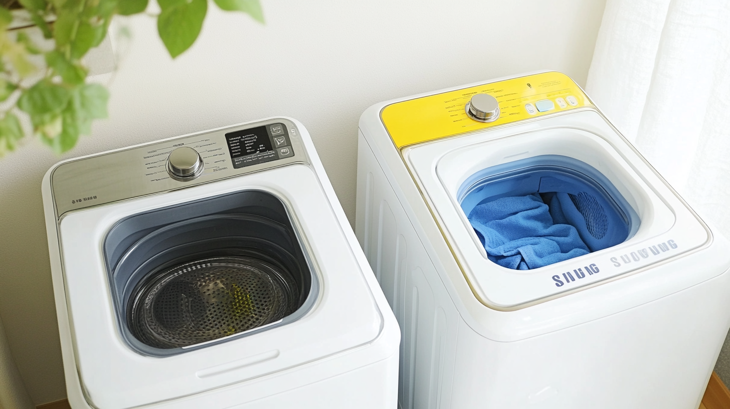 삼성 세탁기와 경쟁사 A 세탁기를 활기차고 기술적인 분위기에서 장단점을 비교하는 장면.