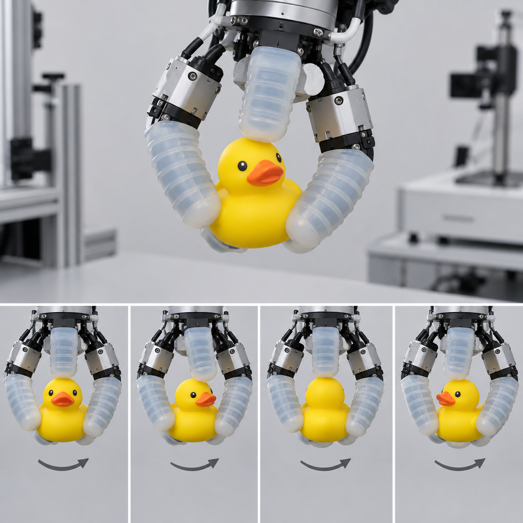 세 손가락 소프트 로봇 그리퍼가 고무 오리를 부드럽게 잡는 AI 생성 설명 이미지
