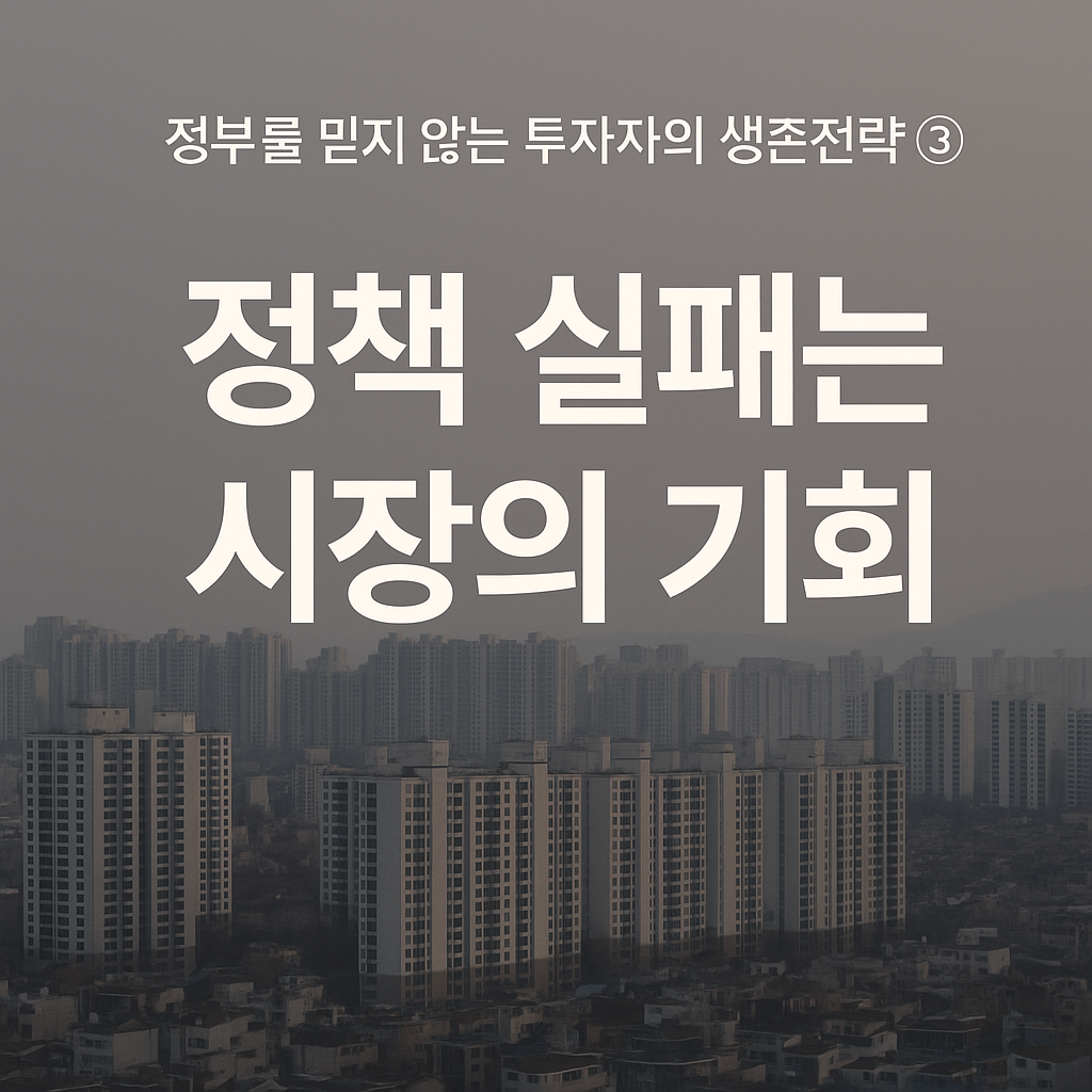 정부를 믿지 않는 투자자의 생존전략 ③ 정책 실패 속의 기회 포착법. 회색 도시 아파트 단지 위에 ‘정책 실패는 시장의 기회’라는 문구가 강조된 진중한 감성 썸네일 이미지