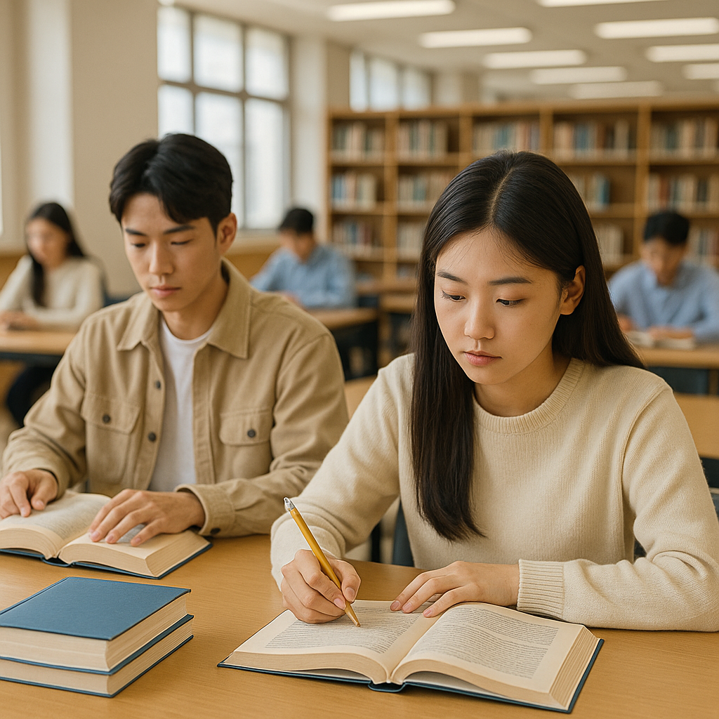 도서관에서 책을 읽고 공부하는 고등학생들의 모습