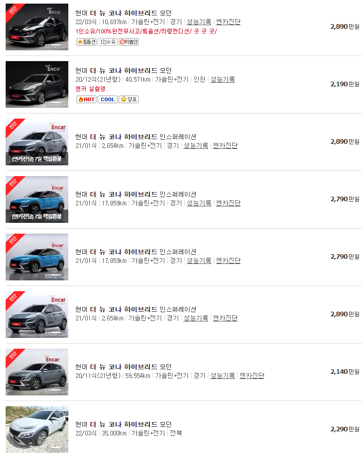 더 뉴 코나 하이브리드 중고차 가격