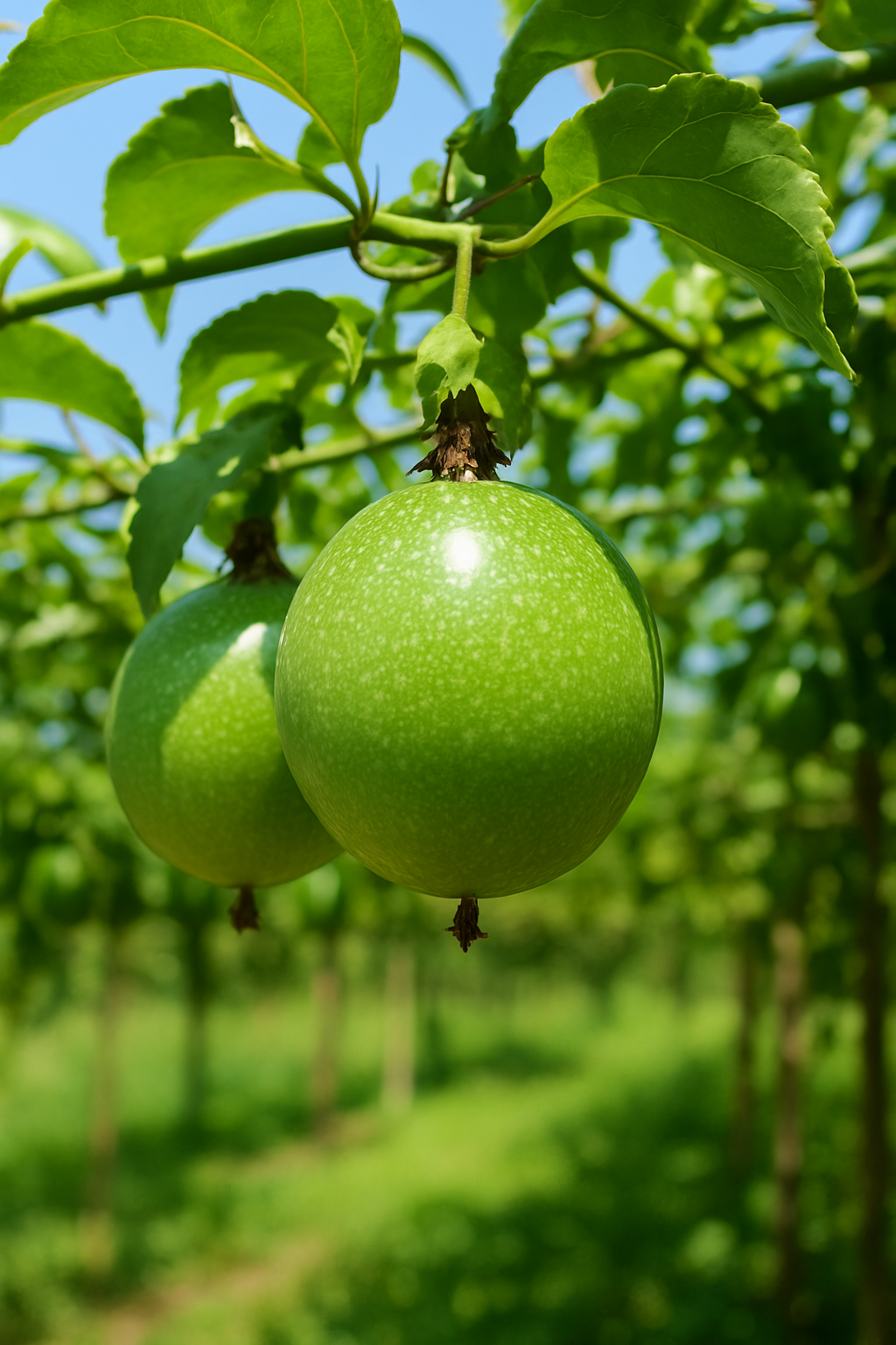 햇살 아래 넝쿨에 달린 패션프루트 열매