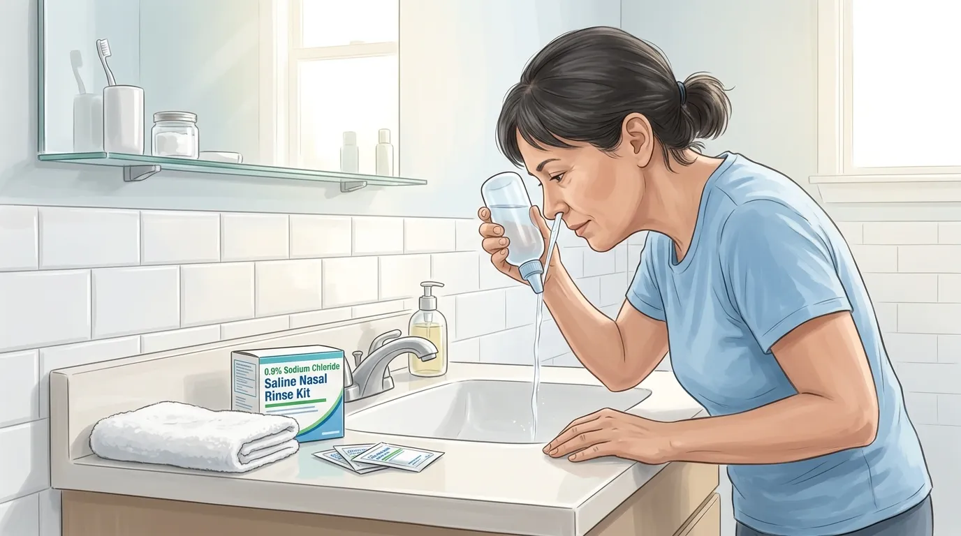 세면대에서 코 세척기로 코세척하는 모습