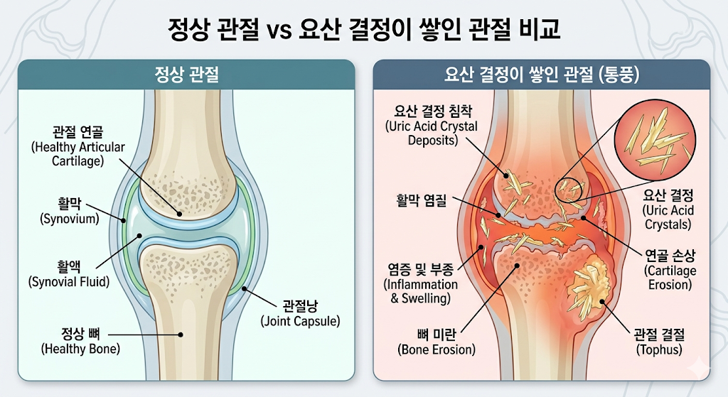 정상관절, 요산이 쌓인 관절비교