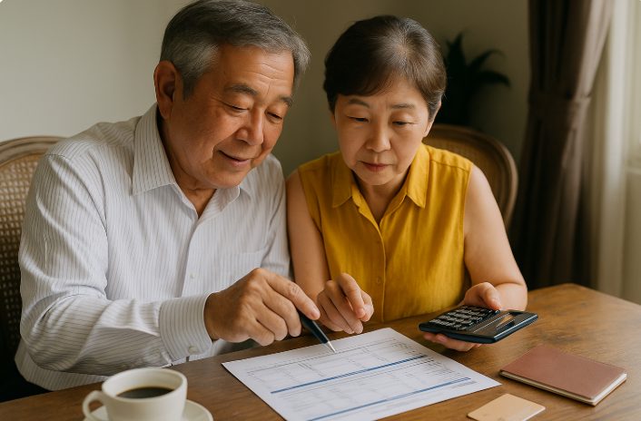 노부부가 테이블에 앉아 연금 수령액을 계산하며 서류를 살펴보는 모습
