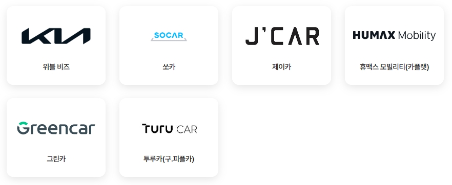 무공해차 참여 업체 :
위블비즈 / 쏘카 / 제이카 / 휴맥스 모빌리티 / 그린카 /투루카