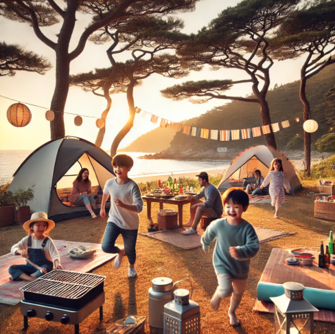 전남 하의도에서 가족들이 캠핑하는 모습 사진