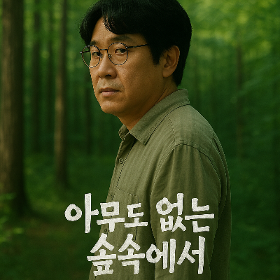 숲속에서 안경을 쓴 남성이 미스터리한 궁금증을 유도하듯 뒤를 돌아보고 있는 모습