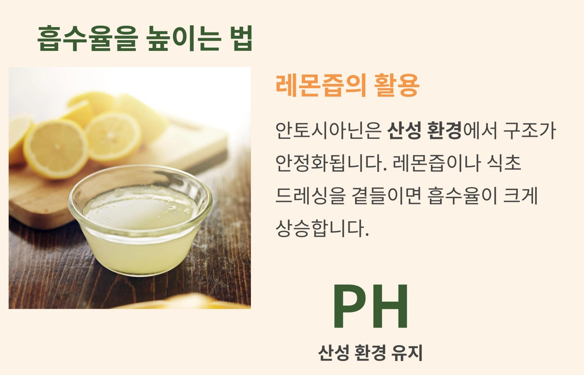 안토시아닌 흡수율을 높이기 위한 산성 환경 조성과 레몬즙 활용법을 설명하는 이미지