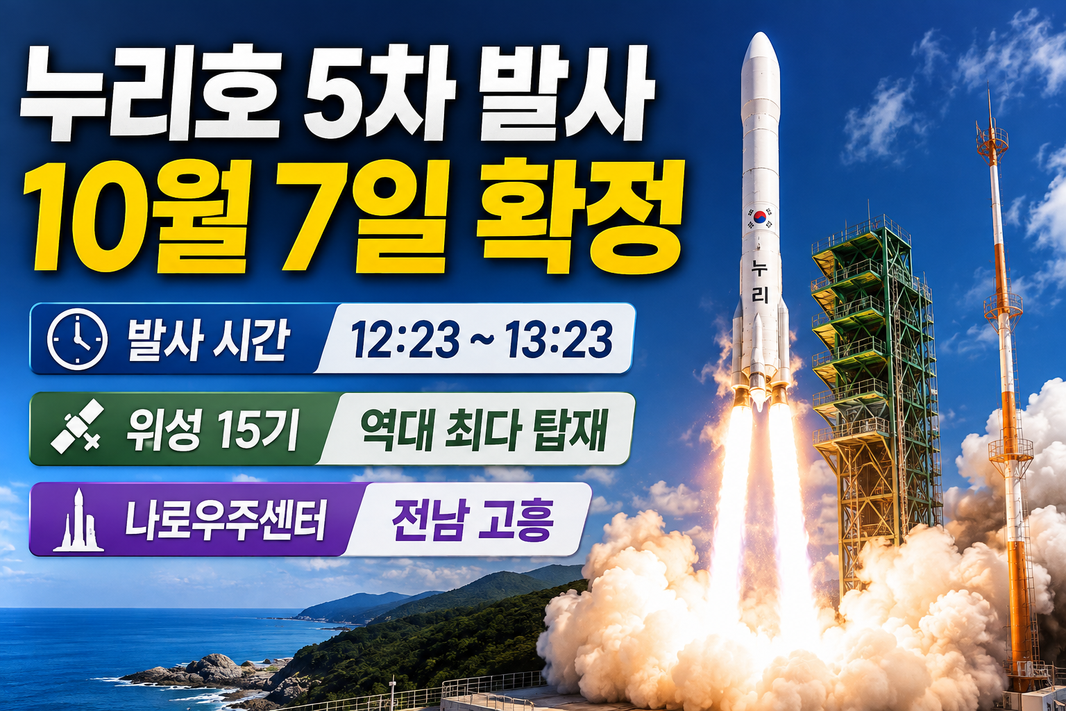 누리호 5차 발사 10월 7일 확정|발사 시간·위성 15기·나로우주센터 총정리 관련 사진