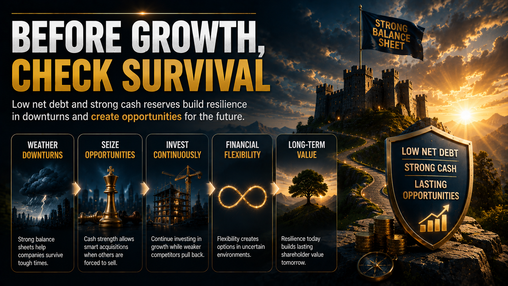 Low net debt and strong cash reserves supporting financial resilience and long-term investment opportunities during market downturns