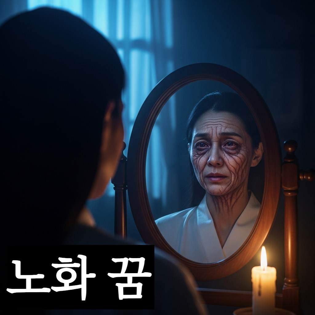 어두운 방에서 침울한 표정으로 거울 속 검게 변하고 주름진 자신의 얼굴을 응시하며 깊은 상실감에 빠진 한국인의 초현실적인 일러스트