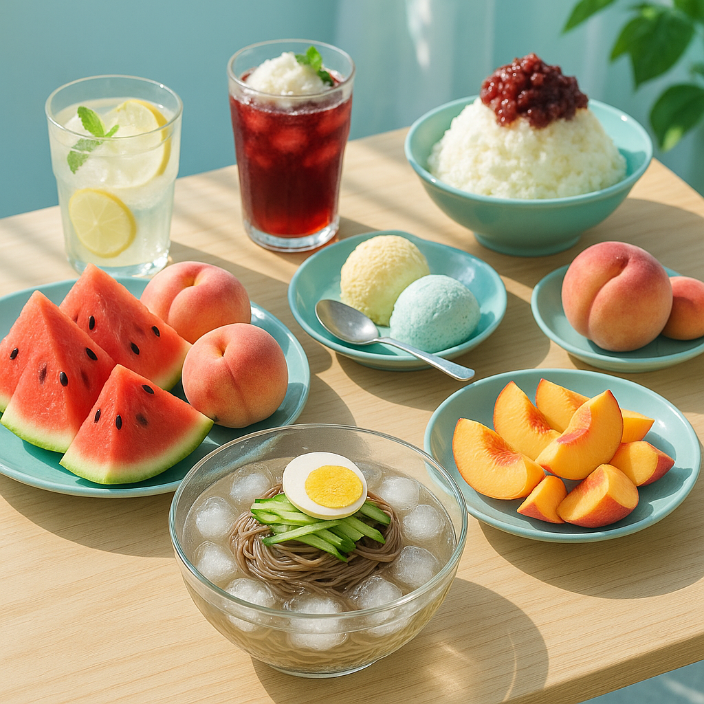 여름철 시원한 음식들이 예쁘게 배치된 식탁 풍경