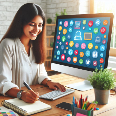 컴퓨터 화면에서 가상의 네트워크가 확장되는 듯한 모습, 디지털 아이콘들이 화면 주변에 배치됨.