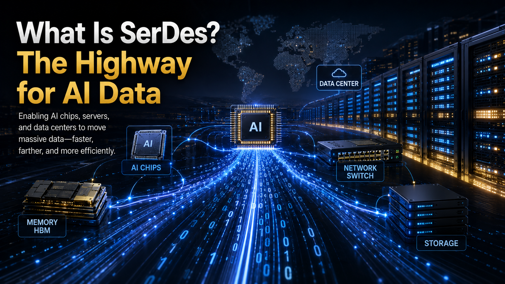 SerDes high-speed data highway connecting AI chips HBM network switches and data centers