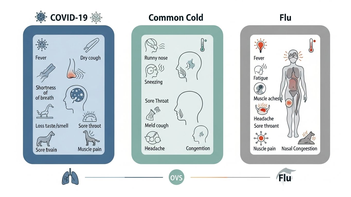 Visual comparison of COVID-19 symptoms versus cold and flu