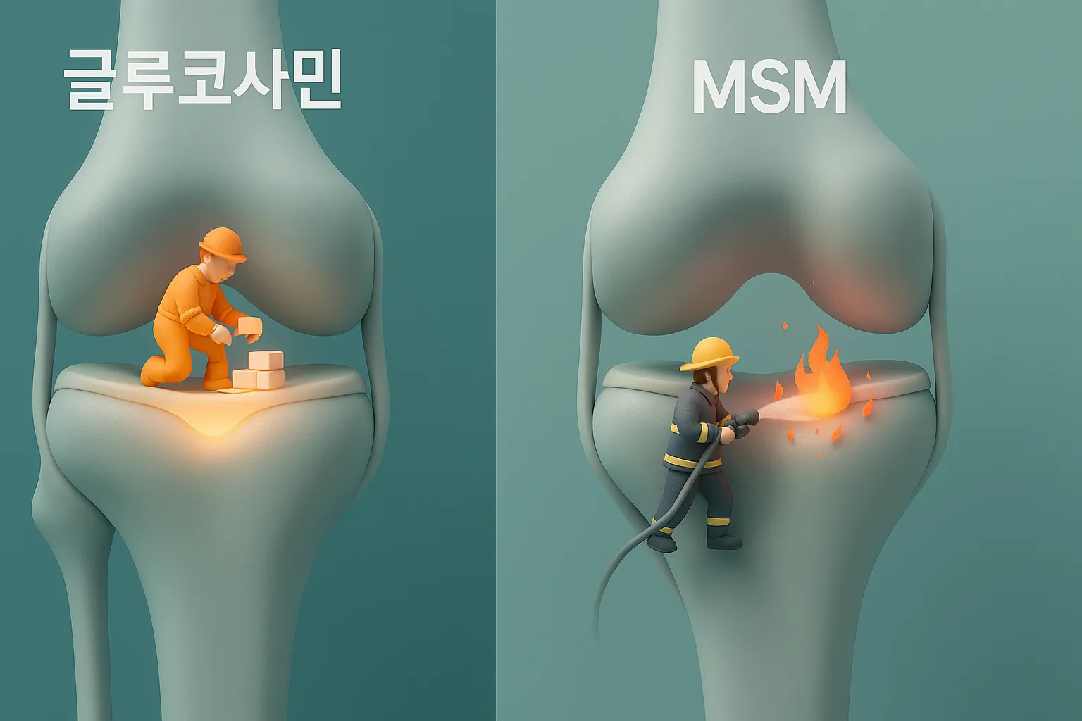 '연골 재료' 글루코사민과 '염증 소방수' MSM의 역할을 비교하는 인포그래픽