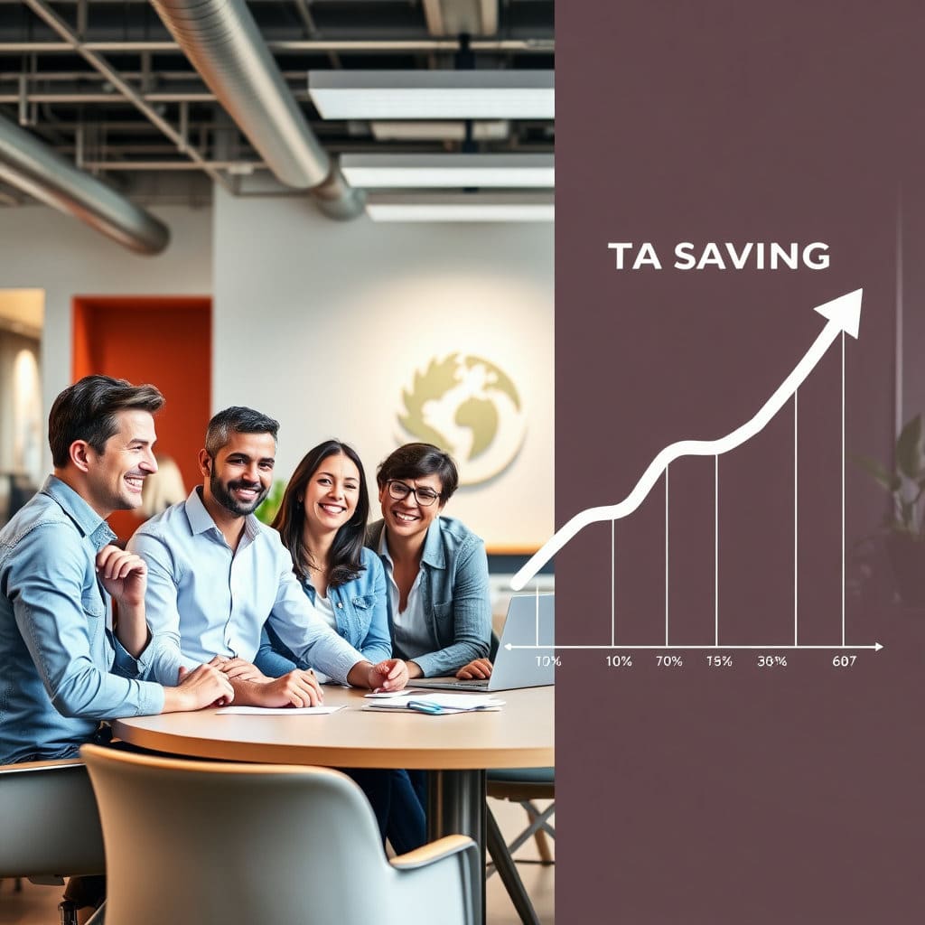 기업 로고와 함께 직원들이 만족하며 활기차게 일하는 모습, 그리고 세금 절감 효과를 나타내는 상승 그래프가 함께 있는 이미지입니다. 이는 퇴직연금 도입이 기업의 비용 처리 측면에서 유리하고, 직원들의 만족도를 높여 인력 관리에 긍정적인 영향을 미친다는 점을 강조합니다.