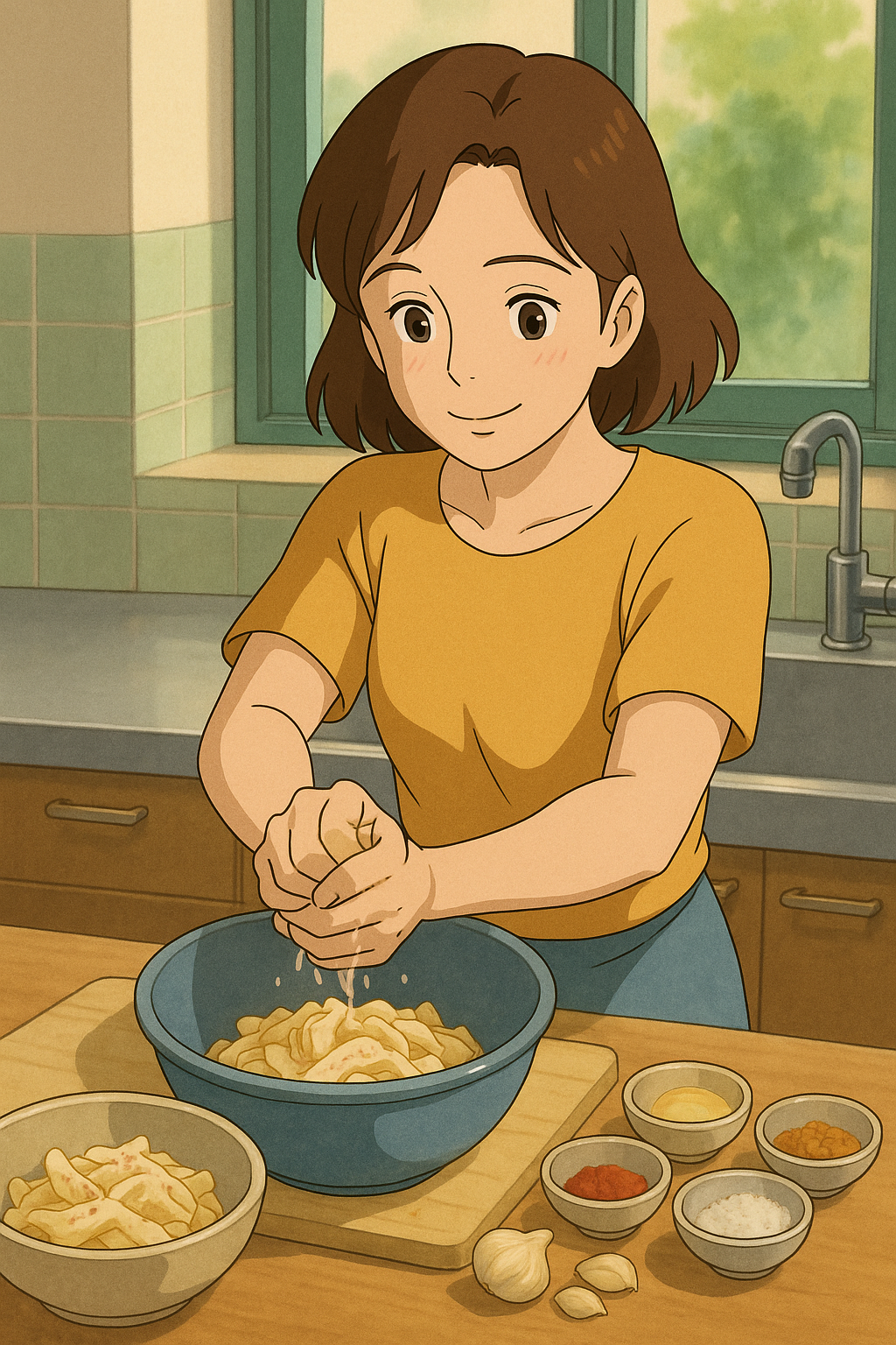 &ldquo;절여진 노각을 짜는 모습 &ndash; 식감의 핵심, 비움의 기술&rdquo;