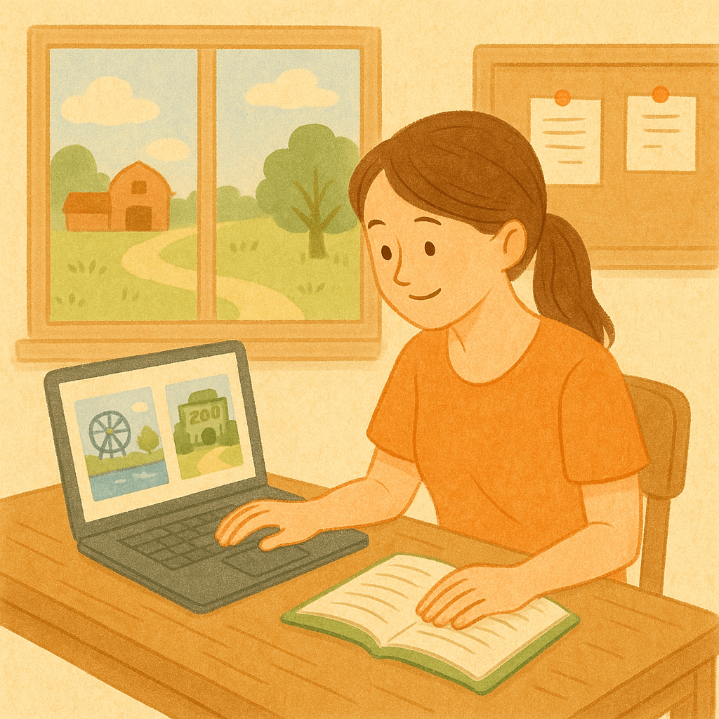 현장학습지를 알아보고 있는 교사