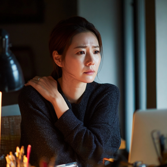 어깨에서 소리가 나서 걱정스러운 아줌마